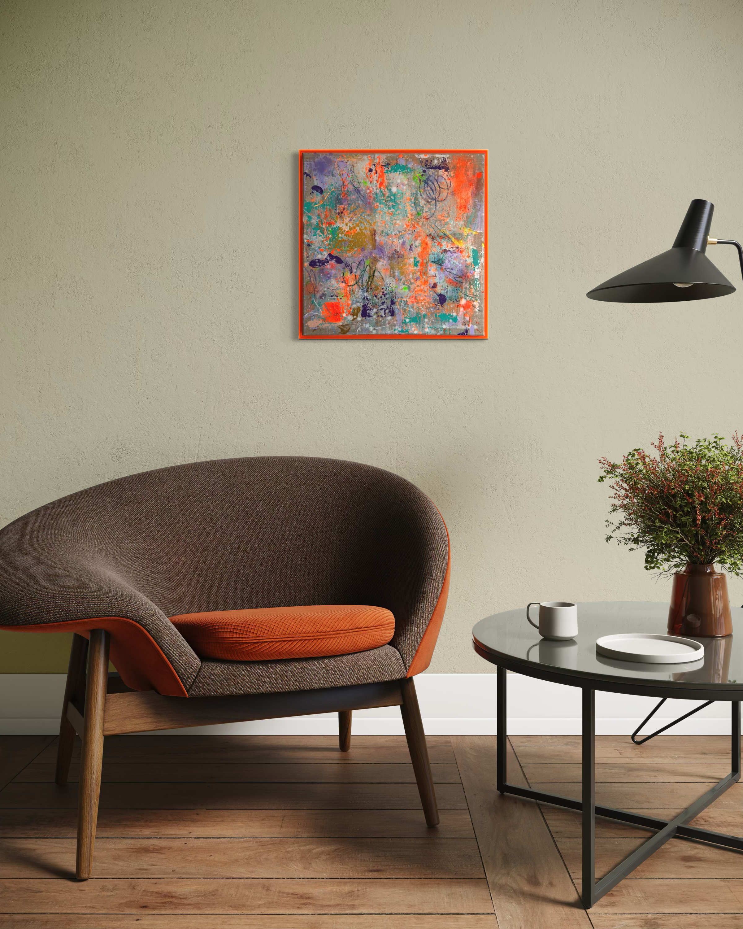 Orange Party – abstraktes Mixed-Media-Original 50x50 cm, 650 €, Acrylglasrahmen Neonorange, Sarah-Sophie Isaakson