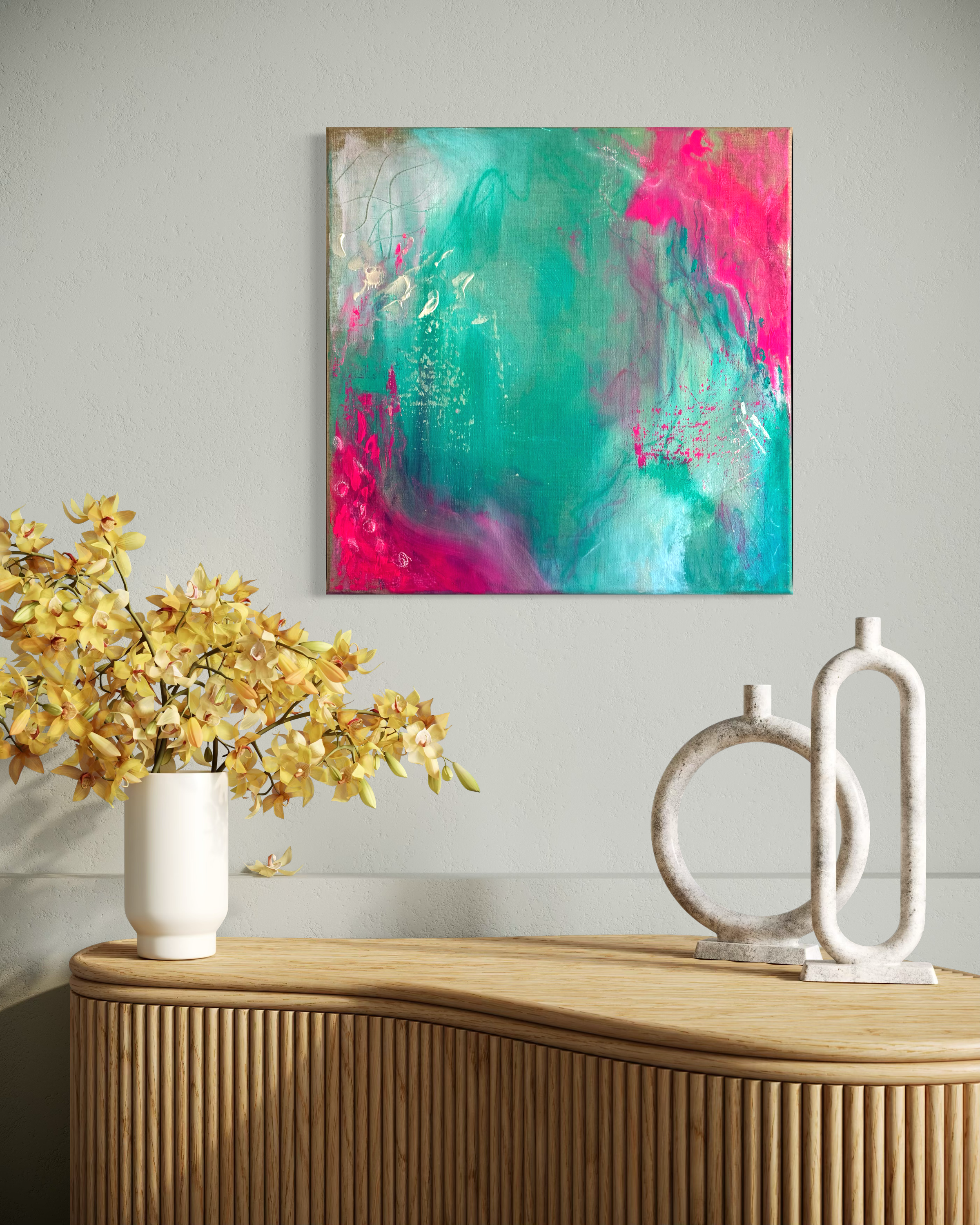 Pink Vibe – abstraktes Mixed-Media-Gemälde 50x50 cm inkl. Rahmen, Original von Sarah-Sophie Isaakson